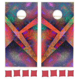 Layers of rustic colored images unevenly arranged cornhole set