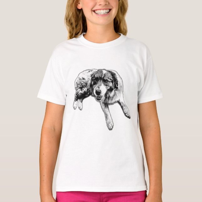 Laying Aussie Pup Ink Line T-Shirt (Front)