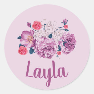 Layla Name Floral Custom Vintage Flower Pink Girl Classic Round Sticker