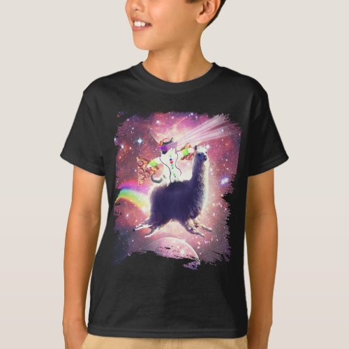Lazer Rave Space Cat Riding Llama With Pizza T_Shirt