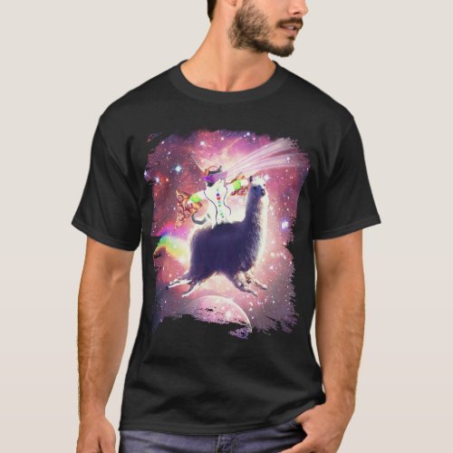 Lazer Rave Space Cat Riding Llama With Pizza T_Shirt