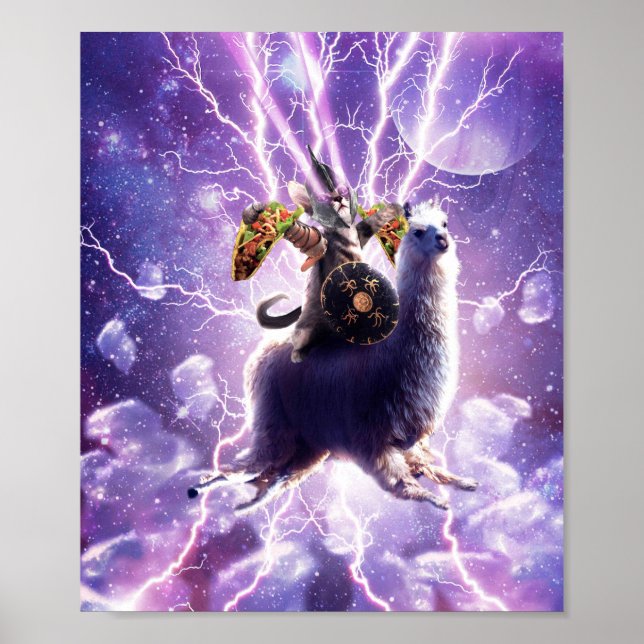 Lazer Warrior Space Cat Riding Llama With Taco Poster (Front)
