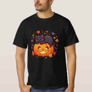 Lazy Black Cat Halloween Pumpkin T-Shirt