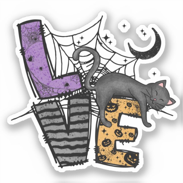 Lazy Black Cat in Spider Web with Love Sticker (Front)
