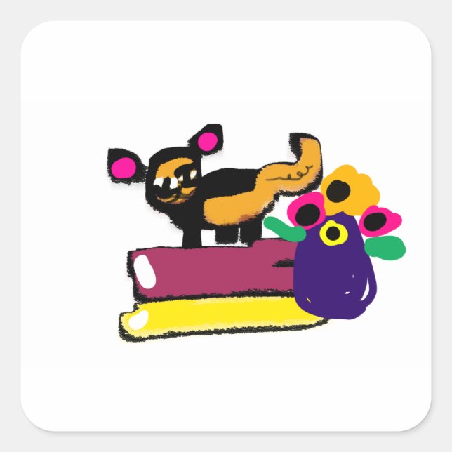 Lazy cat and flowers  square sticker (Front)