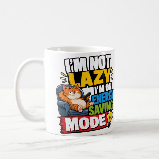 Lazy Cat Energy Saving Mode Funny Mug — Cat Lover (Left)