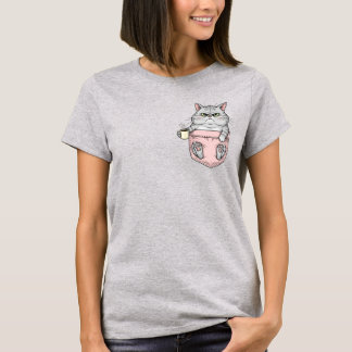 Lazy Cat in Pink Pocket – Cute Coffee Lover T-Shirt