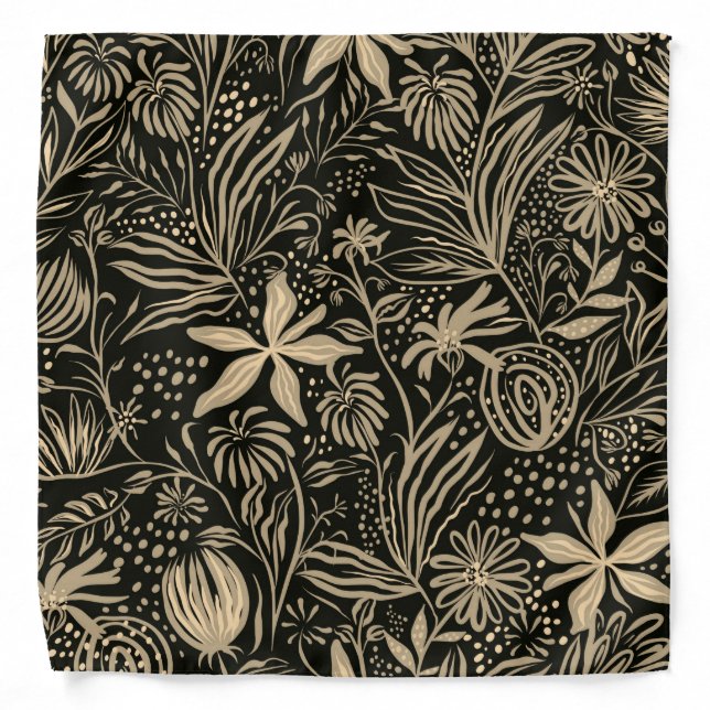 Lazy Floral Pattern in Gold on Black  Bandana (Front)