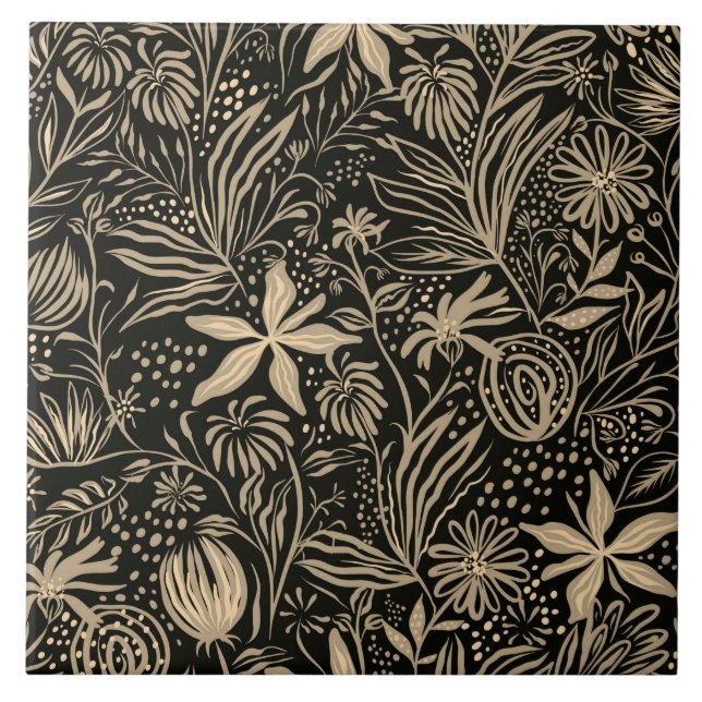 Lazy Floral Pattern in Gold on Black  Ceramic Tile (Front)