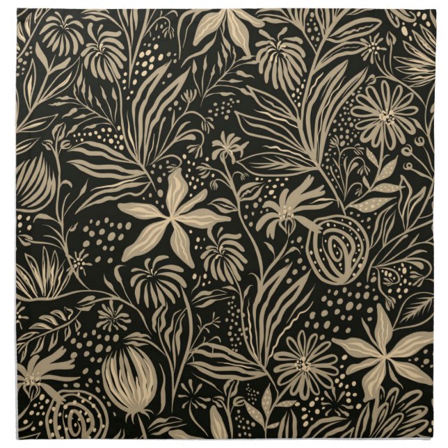 Lazy Floral Pattern in Gold on Black  Cloth Napkin (Front)