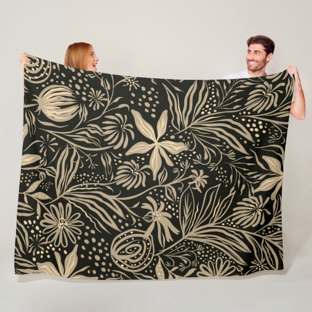 Lazy Floral Pattern in Gold on Black  Fleece Blanket (In Situ)