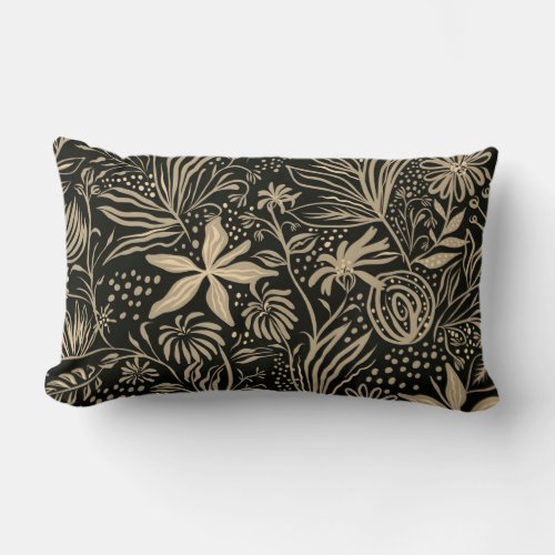 Lazy Floral Pattern in Gold on Black  Lumbar Pillow