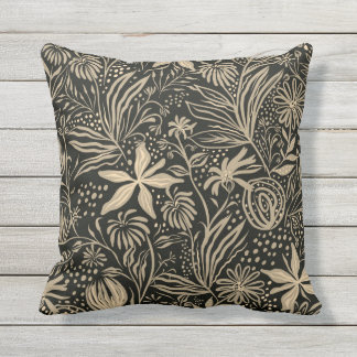 Lazy Floral Pattern in Gold on Black Outdoor Pillow