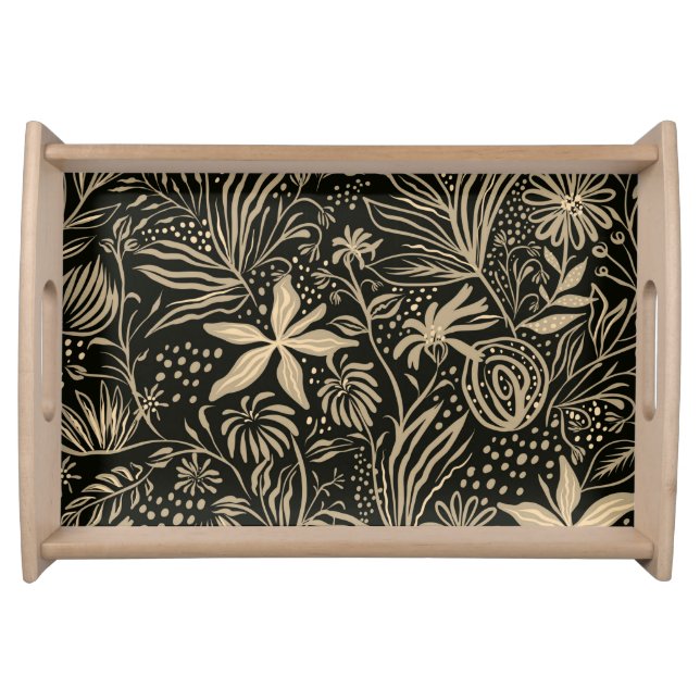 Lazy Floral Pattern in Gold on Black  Serving Tray (Front)