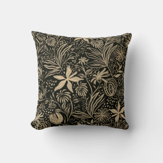 Lazy Floral Pattern in Gold on Black Throw Pillow