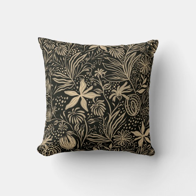 Lazy Floral Pattern in Gold on Black  Throw Pillow (Front)