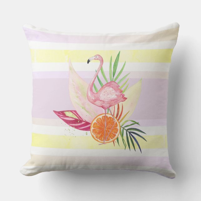 Lazy Hazy Crazy Summer Flamingo Pastel Stripe Outdoor Pillow (Front)