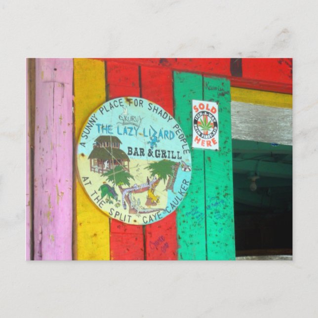 Lazy Lizard Sign on Caye Caukler Belize Postcard (Front)
