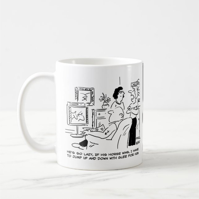 Lazy Man Watches Horse Racing on Television Coffee Mug (Left)