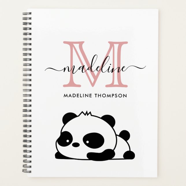 Lazy Panda Blush Pink Black White Monogram Script Planner (Front)