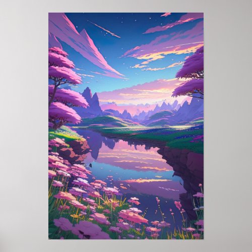 Lazy Purple River Pink and Purple Flowers Poster
