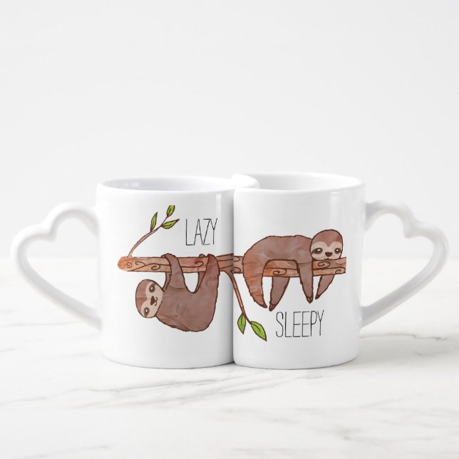 Lazy & Sleepy Cute Sloth Couple Gift Coffee Mug Set (Front Nesting)