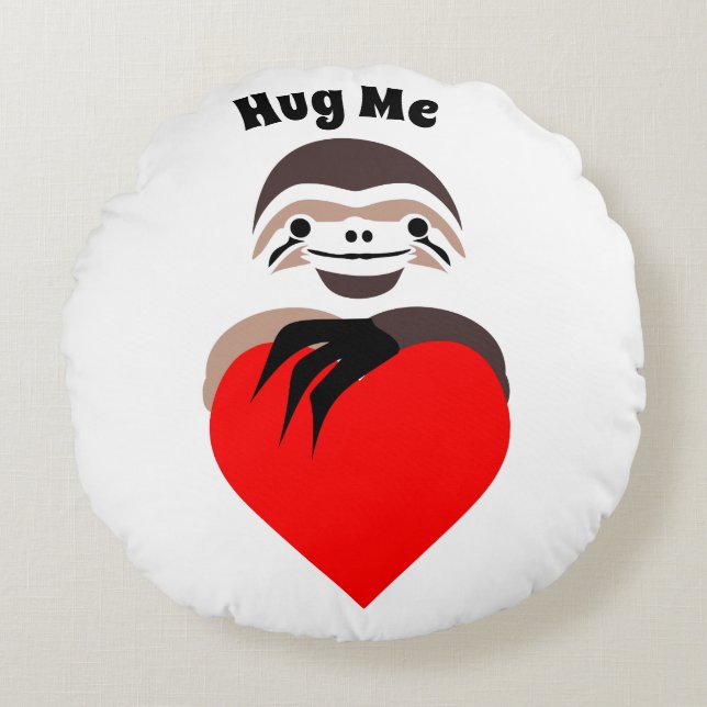 Lazy Sloth Hugging a Red Love Heart Round Pillow (Front)