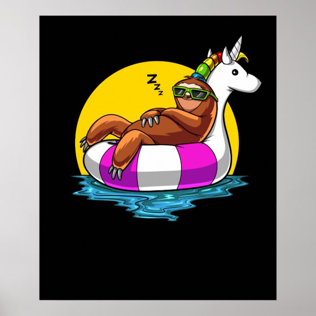 Lazy Sloth Riding Unicorn Float Funny Pool Party Poster (Front)