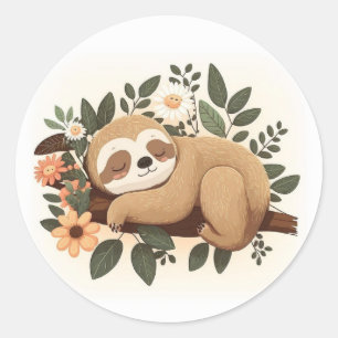 Lazy sloth sleeping on a branch cartoon classic round sticker