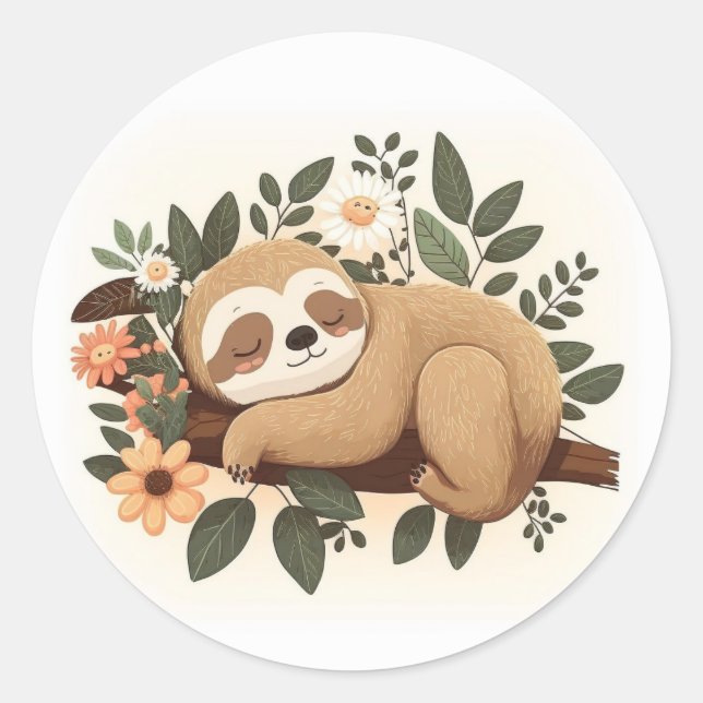 Lazy sloth sleeping on a branch cartoon            classic round sticker (Front)