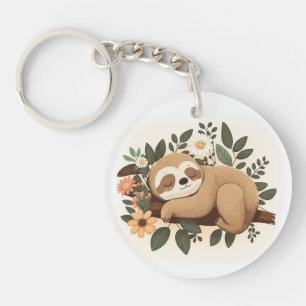 Lazy sloth sleeping on a branch cartoon keychain