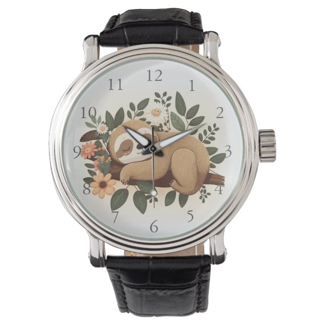 Lazy sloth sleeping on a branch cartoon            watch (Front)