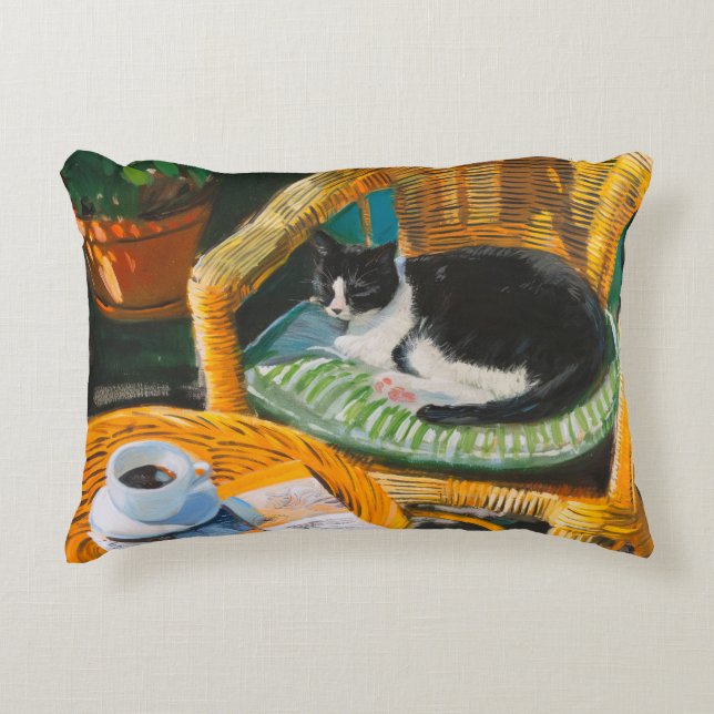 Lazy Sunday Morning | Cozy Cat & Coffee Painting Accent Pillow (Front)