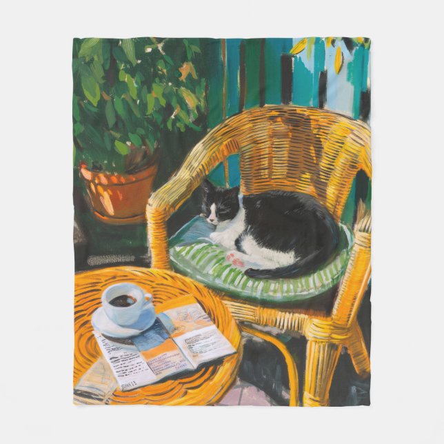 Lazy Sunday Morning | Cozy Cat & Coffee Painting Fleece Blanket (Front)