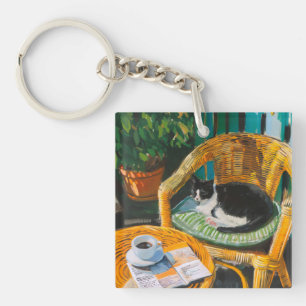 Lazy Sunday Morning Cozy Cat & Coffee Painting Keychain