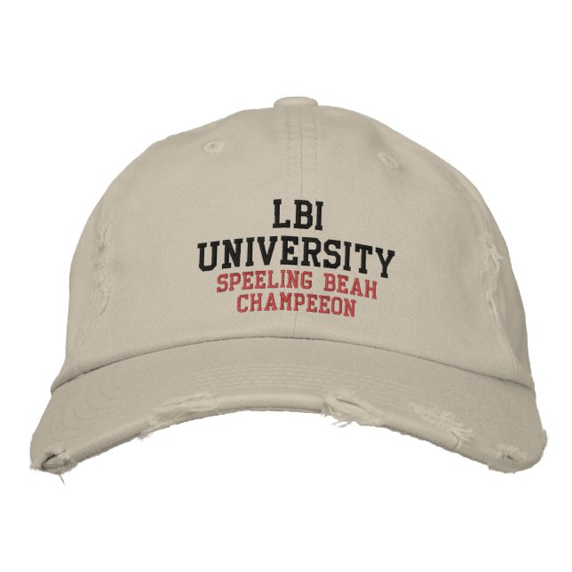 LBI UNIVERSITY (TM) SPEELING BEAH CHAMPEEON EMBROIDERED BASEBALL CAP (Front)