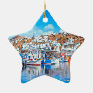 ldp MYKONOS - fishing boats - harbor - panorama Ceramic Ornament