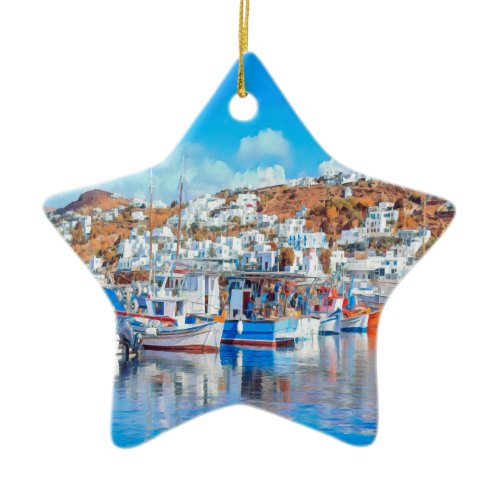 ldp MYKONOS - fishing boats - harbor - panorama Ceramic Ornament