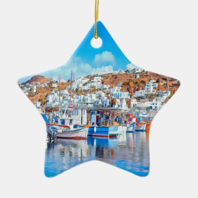 ldp MYKONOS - fishing boats - harbor - panorama Ceramic Ornament (Front)