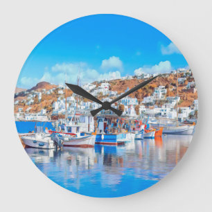 ldp MYKONOS - fishing boats - harbor - panorama Large Clock