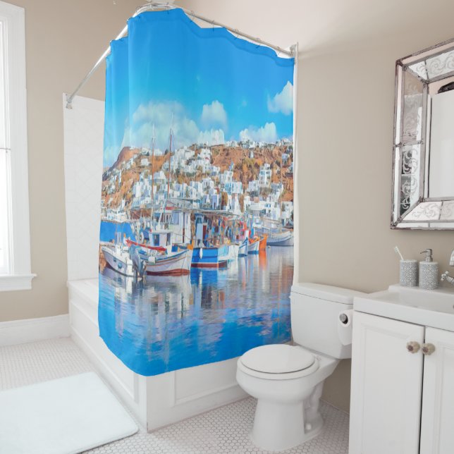 ldp MYKONOS - fishing boats - harbor - panorama Shower Curtain (In Situ)