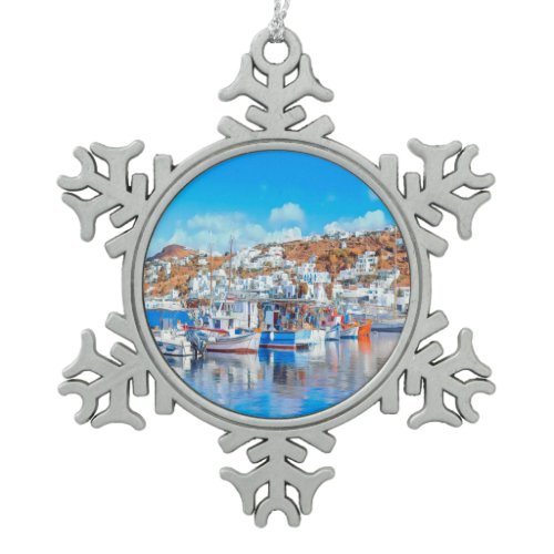 ldp MYKONOS - fishing boats - harbor - panorama Snowflake Pewter Christmas Ornament