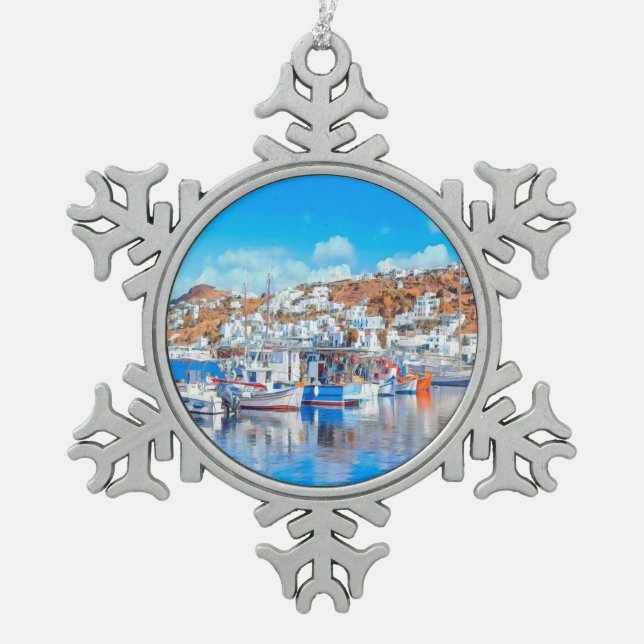 ldp MYKONOS - fishing boats - harbor - panorama Snowflake Pewter Christmas Ornament (Front)