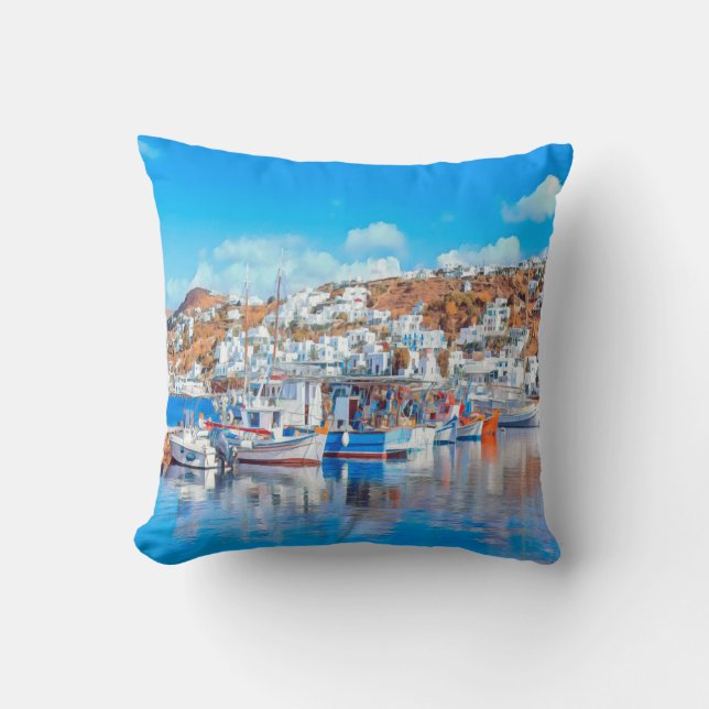 ldp MYKONOS - fishing boats - harbor - panorama Throw Pillow (Front)
