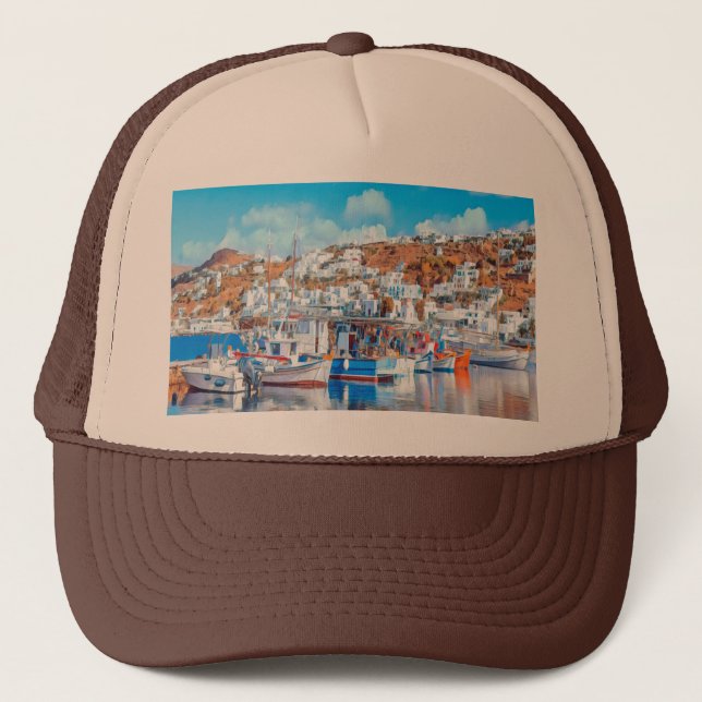 ldp MYKONOS - fishing boats - harbor - panorama Trucker Hat (Front)