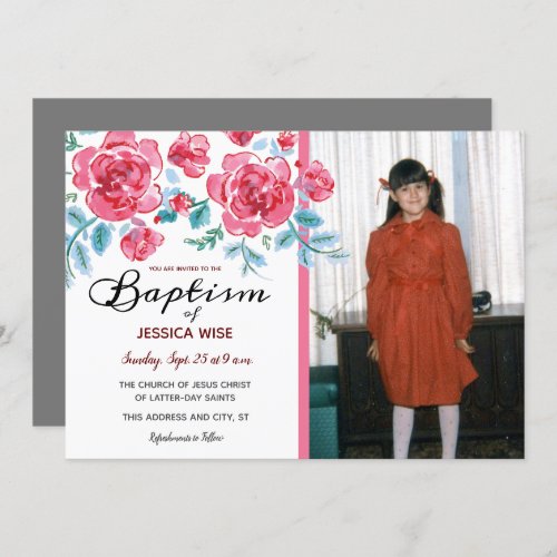 LDS Baptism Girl Watercolor Roses Floral Invitation