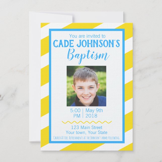 LDS Baptism Invitation BOY - Yellow and Blue (Front)