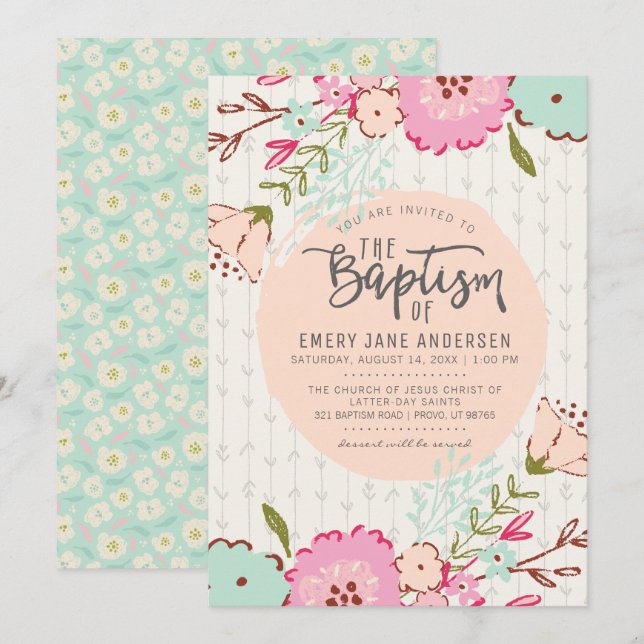 LDS BAPTISM INVITATION | Elegant Chic Floral Girl (Front/Back)