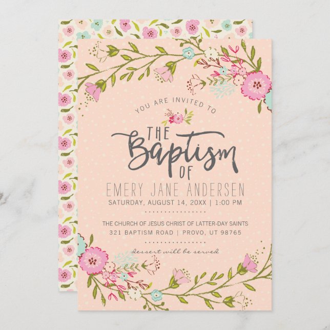 LDS BAPTISM INVITATION | Elegant Pink Floral Girl (Front/Back)