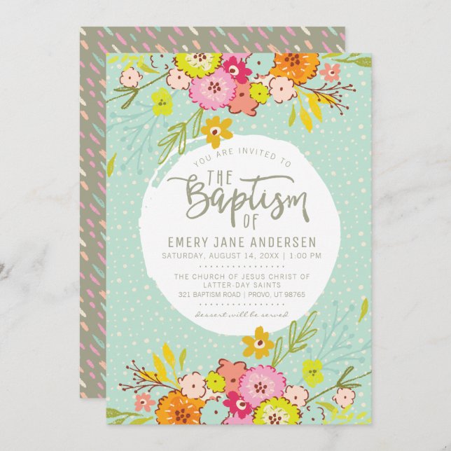 LDS BAPTISM INVITATION | Modern Bright Floral Girl (Front/Back)